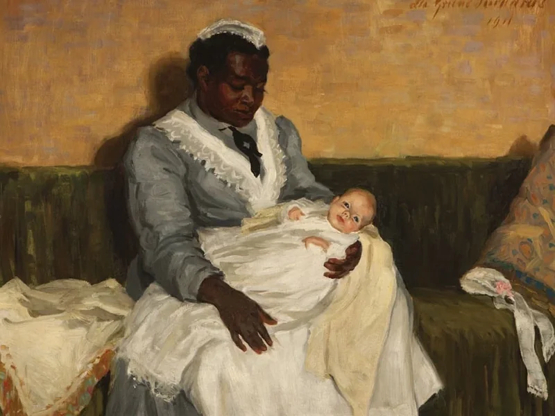 1878-Lee Greene Richards - Tata seduta con bambino in braccio in un interno